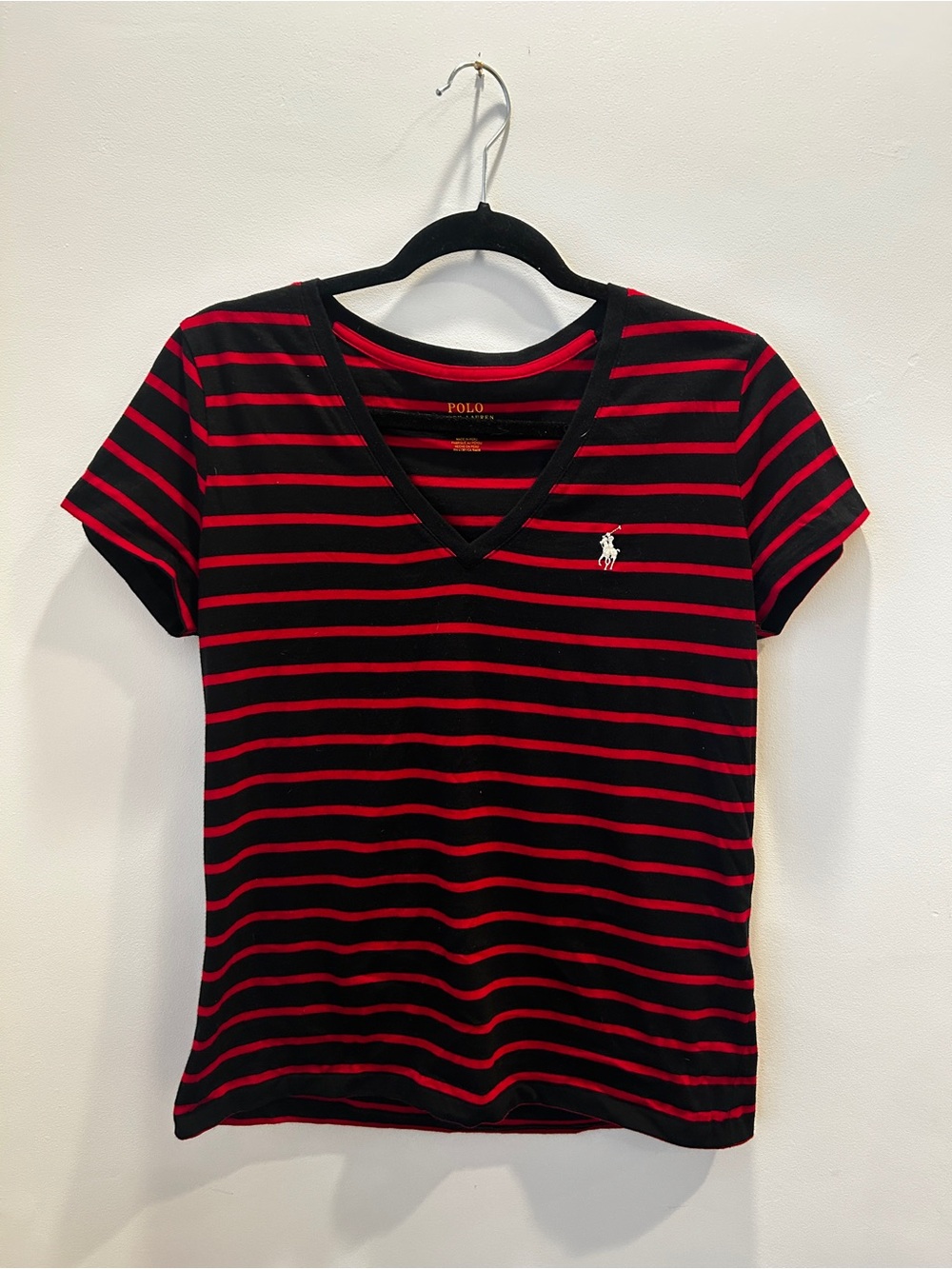 Polo by Ralph Lauren Black and Red Striped V-Neck Tee